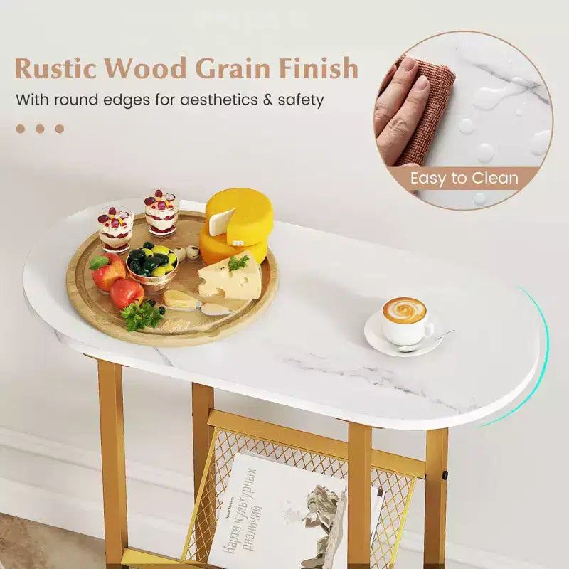 Tavolino con piano in finto marmo e portariviste, struttura in metallo resistente, marrone/bianco