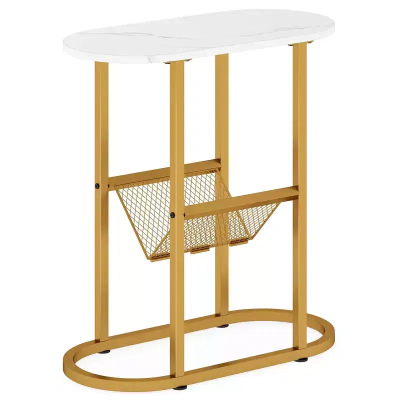 Tavolino con piano in finto marmo e portariviste, struttura in metallo resistente, marrone/bianco