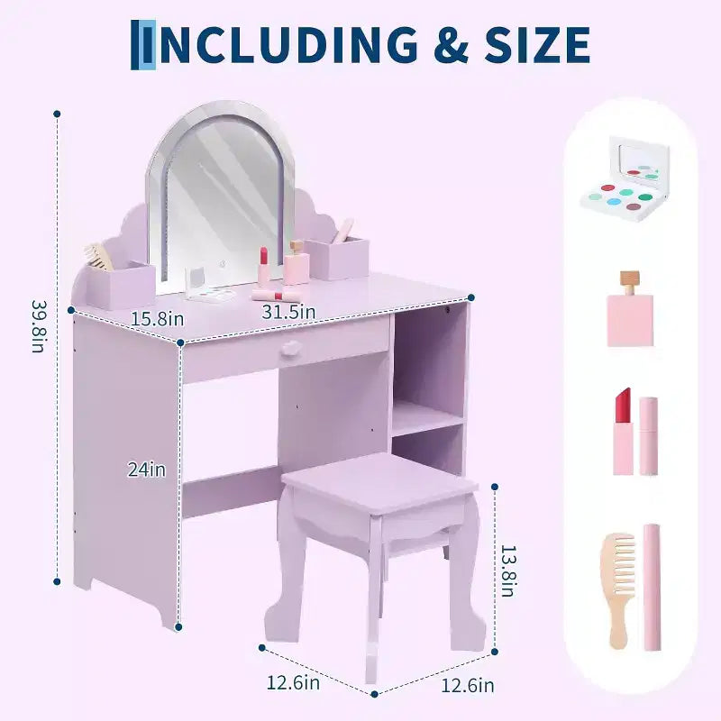 Toeletta per bambine con specchio, sgabello, cassetto, ripiani portaoggetti, set tavolo trucco da principessa