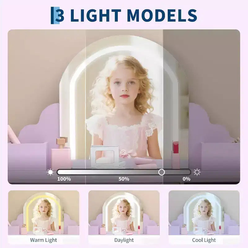 Toeletta per bambine con specchio, sgabello, cassetto, ripiani portaoggetti, set tavolo trucco da principessa