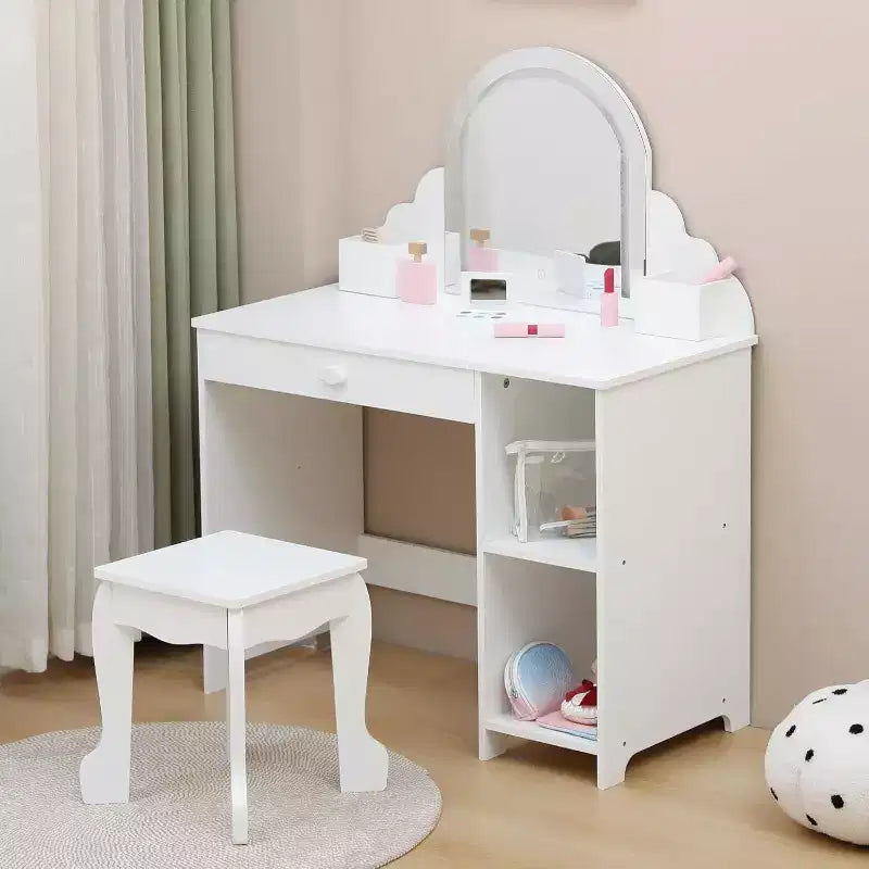 Toeletta per bambine con specchio, sgabello, cassetto, ripiani portaoggetti, set tavolo trucco da principessa