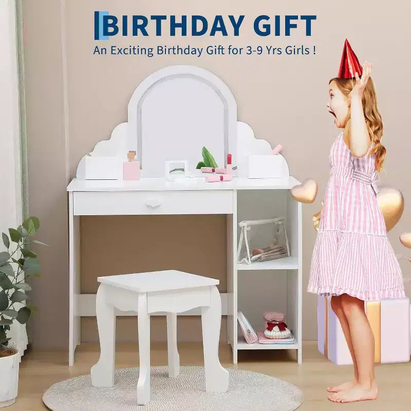 Toeletta per bambine con specchio, sgabello, cassetto, ripiani portaoggetti, set tavolo trucco da principessa