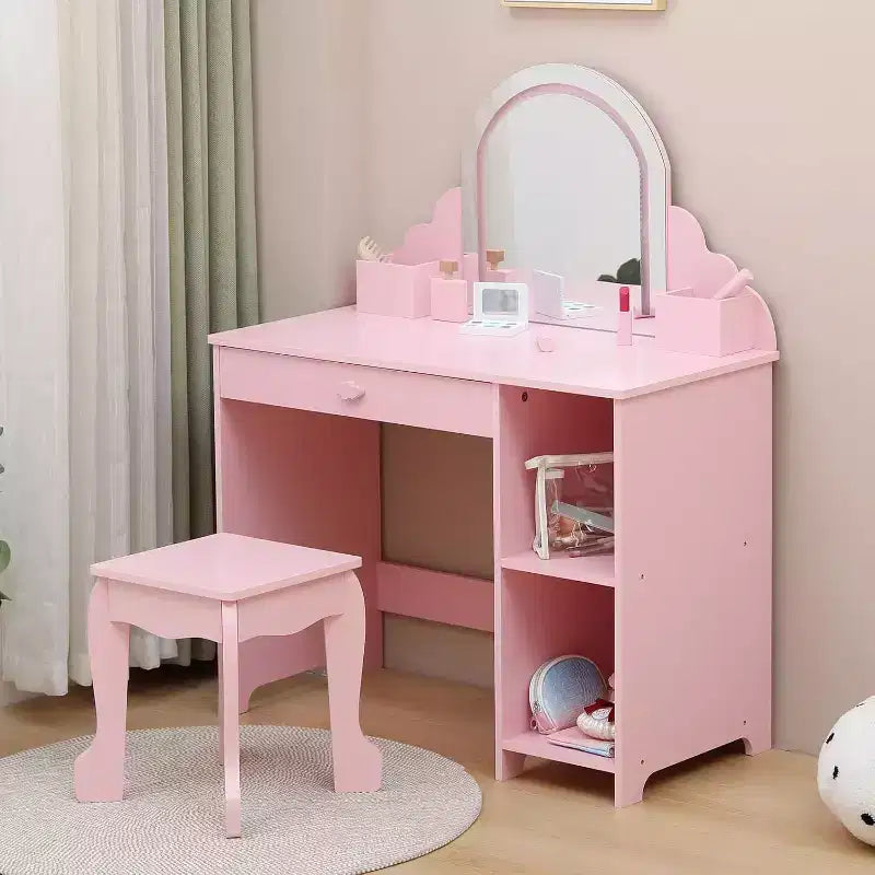 Toeletta per bambine con specchio, sgabello, cassetto, ripiani portaoggetti, set tavolo trucco da principessa