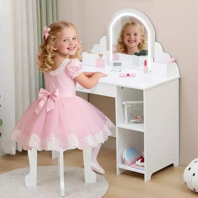 Toeletta per bambine con specchio, sgabello, cassetto, ripiani portaoggetti, set tavolo trucco da principessa