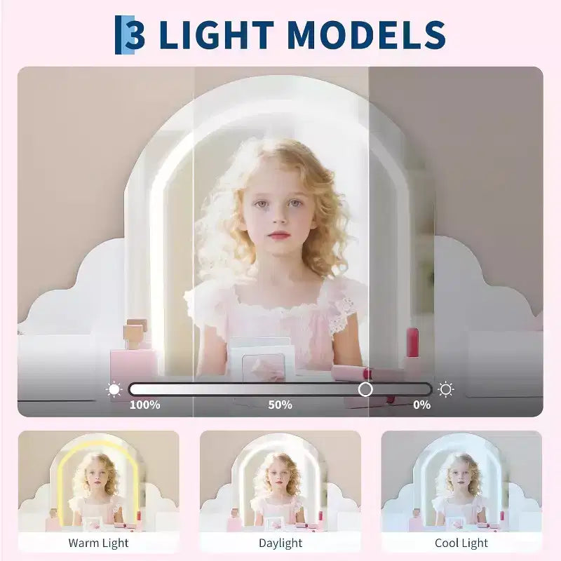Toeletta per bambine con specchio, sgabello, cassetto, ripiani portaoggetti, set tavolo trucco da principessa