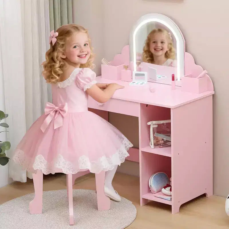 Toeletta per bambine con specchio, sgabello, cassetto, ripiani portaoggetti, set tavolo trucco da principessa
