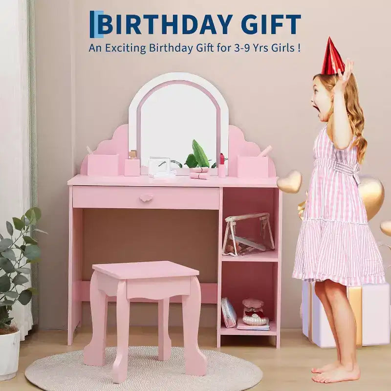Toeletta per bambine con specchio, sgabello, cassetto, ripiani portaoggetti, set tavolo trucco da principessa