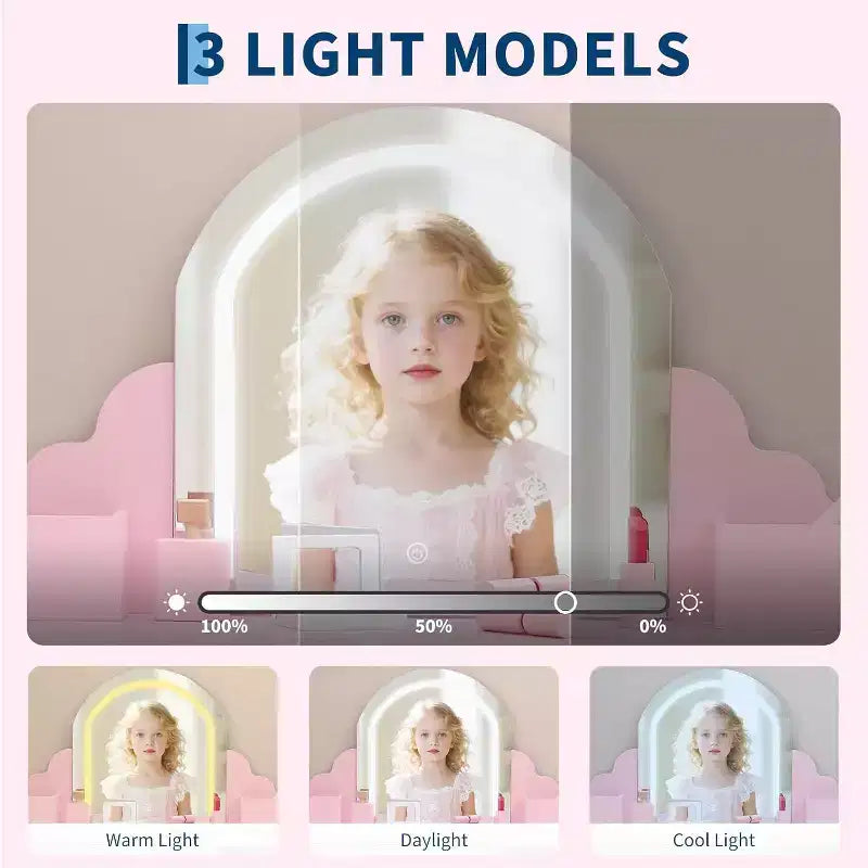 Toeletta per bambine con specchio, sgabello, cassetto, ripiani portaoggetti, set tavolo trucco da principessa