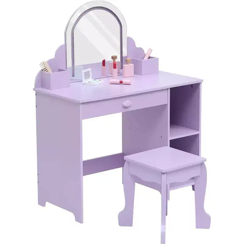 Toeletta per bambine con specchio, sgabello, cassetto, ripiani portaoggetti, set tavolo trucco da principessa