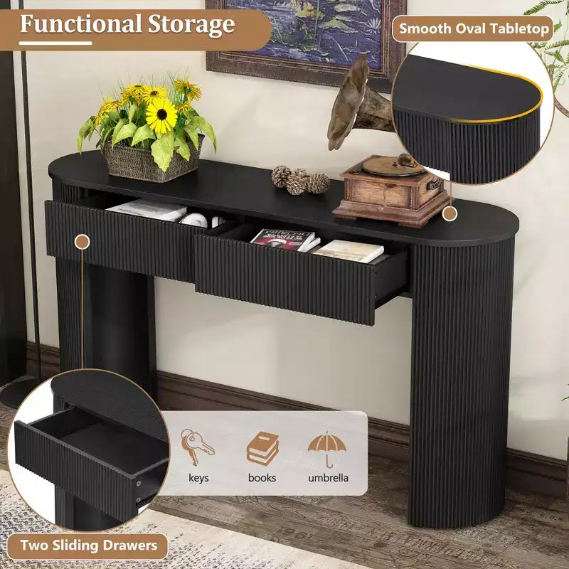 Consolle moderna da 54IN con design a scanalature, tavolo da ingresso con 2 cassetti e piano ovale, tavolino d'accento per corridoio, soggiorno, nero