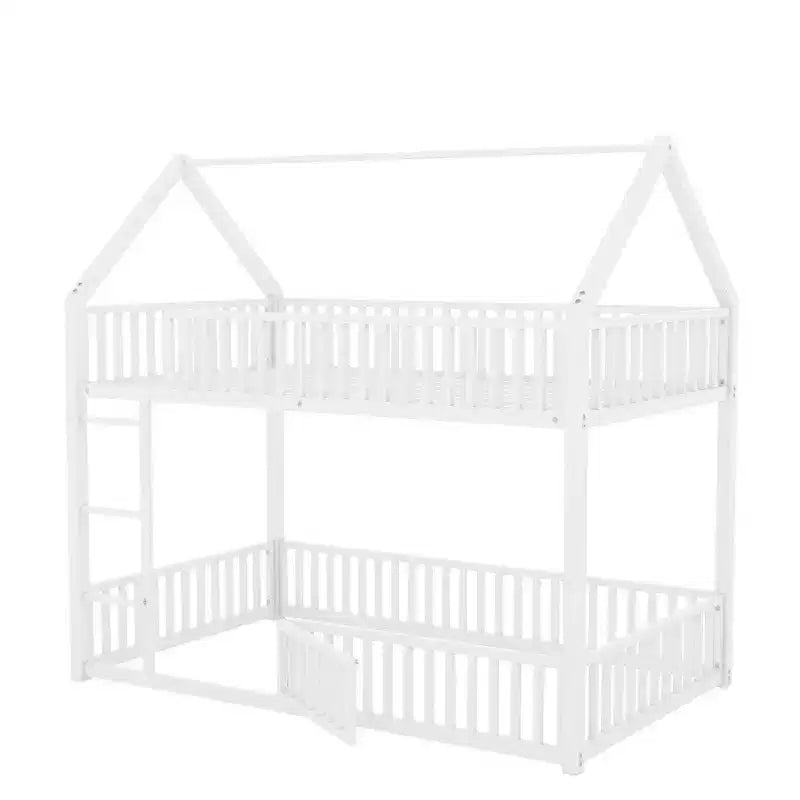 Letto a castello in metallo a due piazze da 78 pollici, con recinzione, porta e ringhiera di sicurezza, per camerette dei bambini, colore bianco