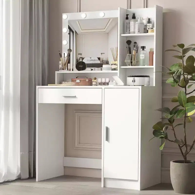 Moderna Toeletta con Specchio e Luci LED Regolabili, Grande Scrivania per Trucco con Contenitore a Tre Livelli, Tavolo da Trucco per Camere da Letto