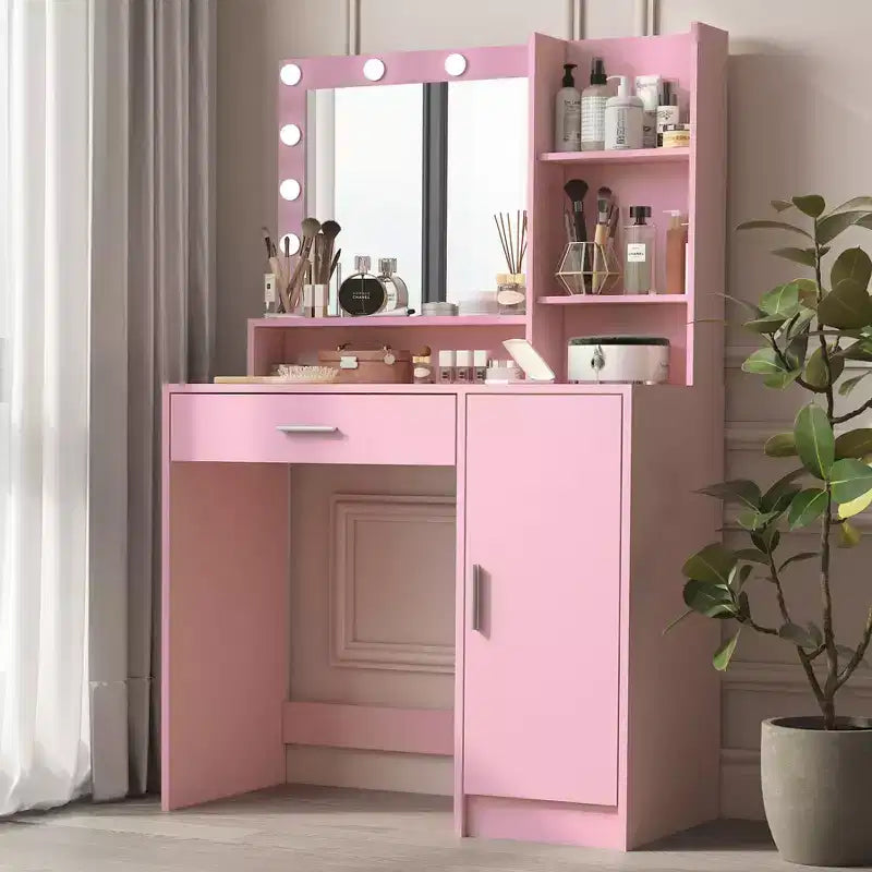 Moderna Toeletta con Specchio e Luci LED Regolabili, Grande Scrivania per Trucco con Contenitore a Tre Livelli, Tavolo da Trucco per Camere da Letto