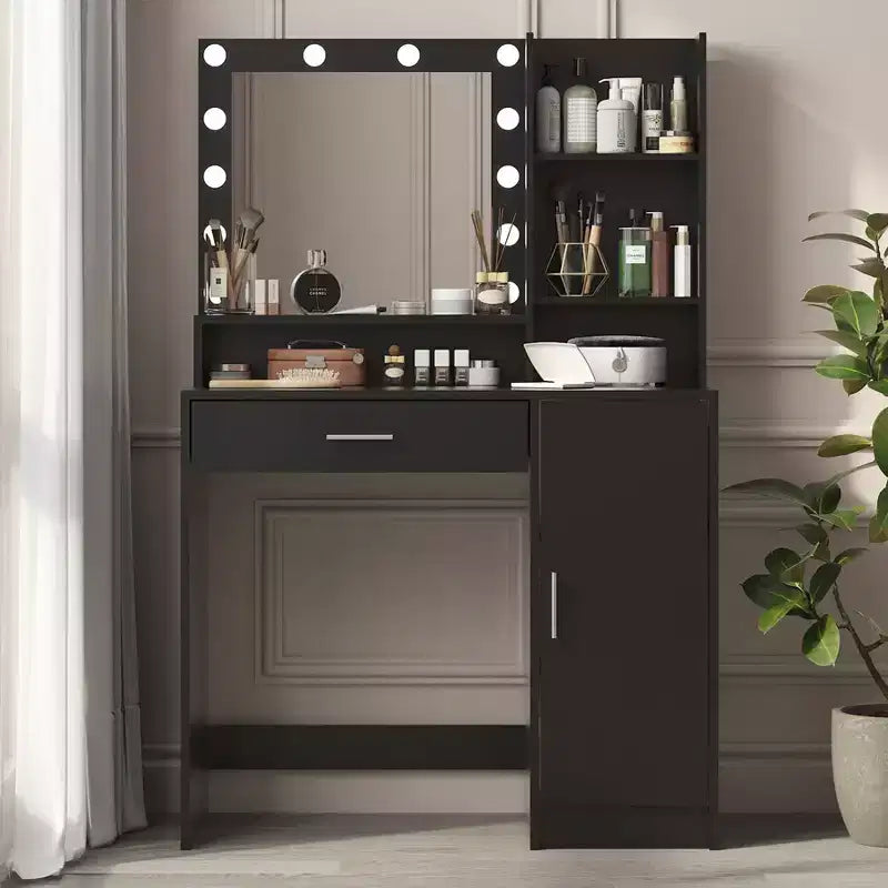 Moderna Toeletta con Specchio e Luci LED Regolabili, Grande Scrivania per Trucco con Contenitore a Tre Livelli, Tavolo da Trucco per Camere da Letto