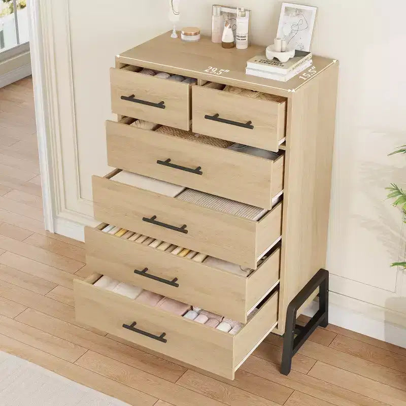 Cassettiera a 6 cassetti in rovere naturale, contenitore autoportante (altezza 118 cm) per camera da letto, soggiorno o ingresso
