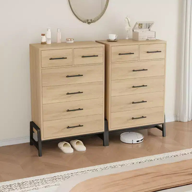 Cassettiera a 6 cassetti in rovere naturale, contenitore autoportante (altezza 118 cm) per camera da letto, soggiorno o ingresso