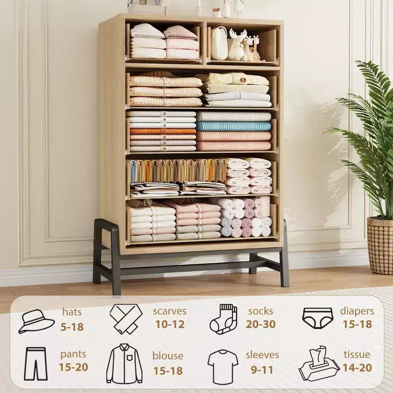 Cassettiera a 6 cassetti in rovere naturale, contenitore autoportante (altezza 118 cm) per camera da letto, soggiorno o ingresso