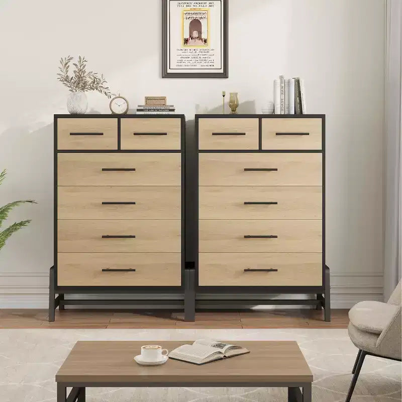 Cassettiera a 6 cassetti in rovere naturale, contenitore autoportante (altezza 118 cm) per camera da letto, soggiorno o ingresso