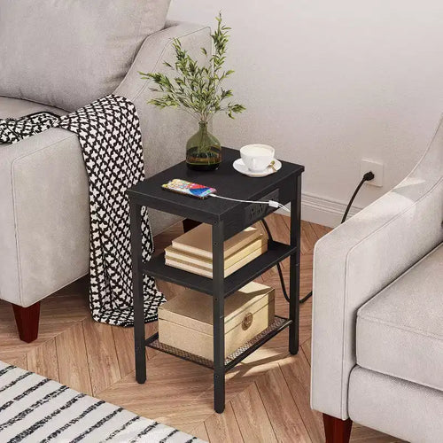 ACOINEL Side Table with Charging Station, 3-Tier Small End Table with Adjustable Shelf/USB/Type-C, Black Nightstand