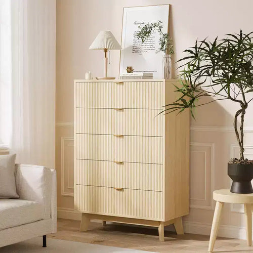 3 Drawer Dresser, 32 Inch Tall Mid Century Modern Dresser Drawers, Waveform Fluted Side Table , Wood Drawer Organizer for Bedroom Living Room
