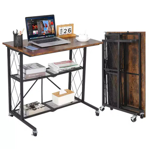 1.5 Inch 3Tier Foldable Desk with Wheels - Large Capacity Metal Wire Shelf Rack, No Assembly Organizer for Study Kitchen Living Room Balcony