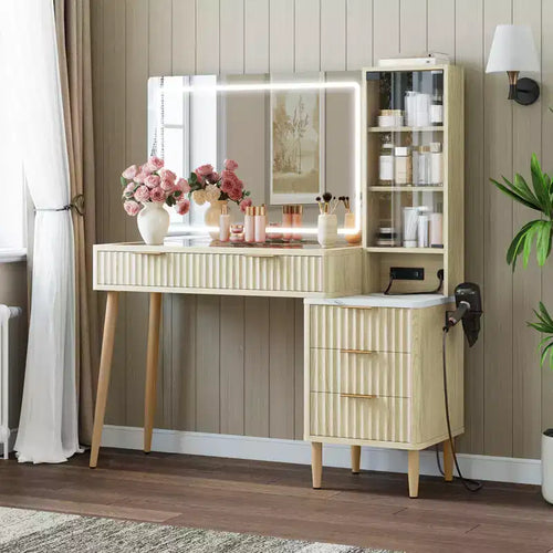 COZONY 36 Vanity Desk with Lighted Mirror, Wooden Makeup Table with Drawers, White & Oak Finish, LED Mirror for Bedroom