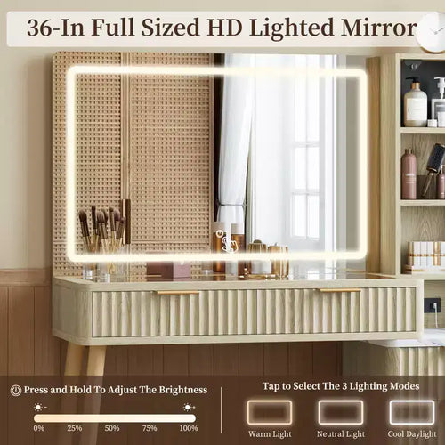 Scrivania da trucco da 91 cm con specchio illuminato e cassetti, finitura bianca e rovere, specchio LED per camera da letto
