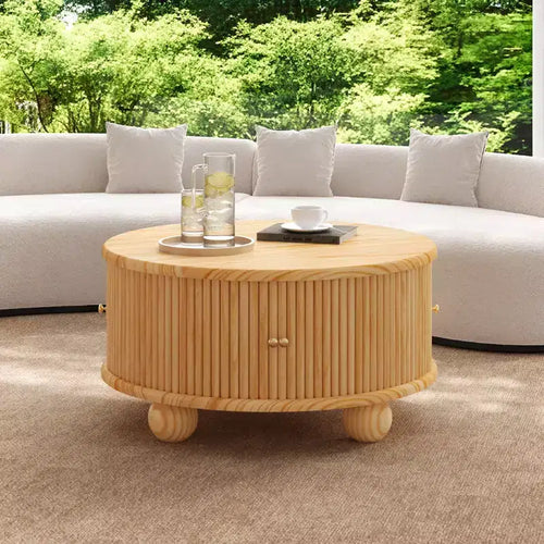 31.8 Modern Coffee Table, Round Fluted Center Table with Storage, Wooden Cocktail End Table for Living Room Bedroom Office