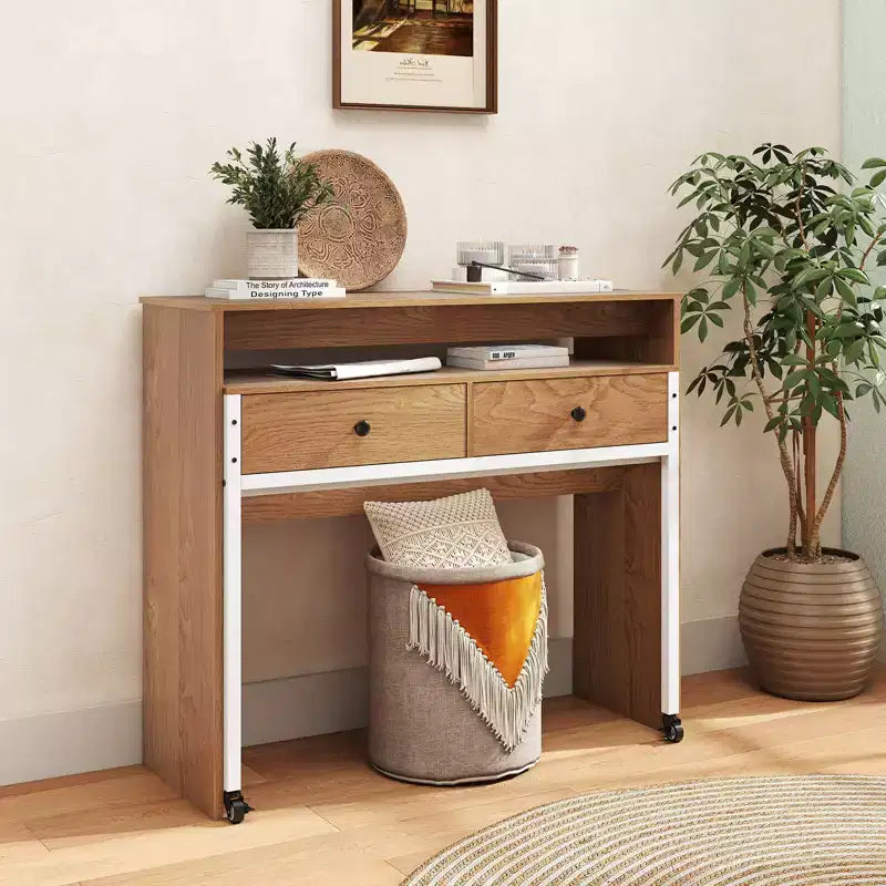 39.5 Scrivania espandibile con rotelle e ripiano per monitor, 2 ripiani e 2 cassetti