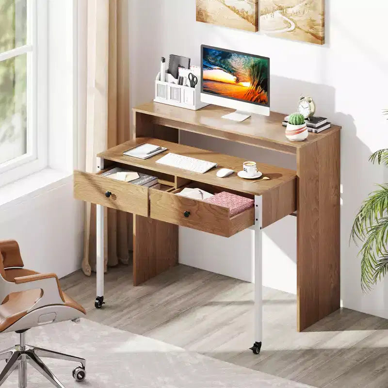 39.5 Scrivania espandibile con rotelle e ripiano per monitor, 2 ripiani e 2 cassetti