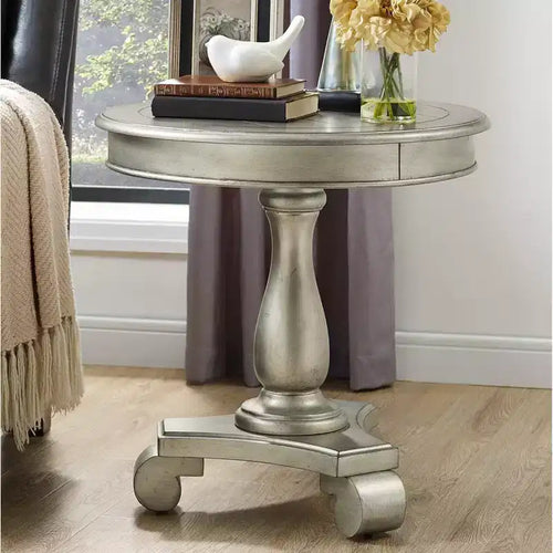 Tavolino Rotondo con Piedistallo in Legno da 26", Finitura Champagne, Gambe a Scorrimento